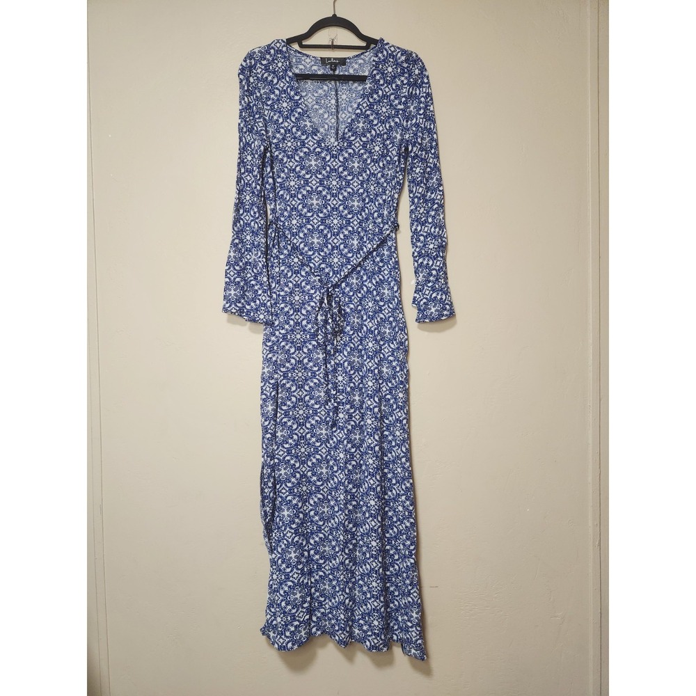 Lulu's Blue Floral Bell Sleeve Maxi Dress with Side Slits Size Medium Boho